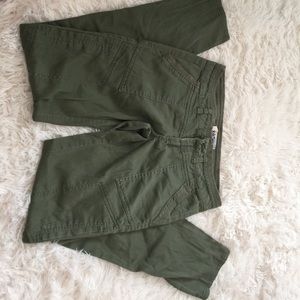 Army green pants, missing the front button