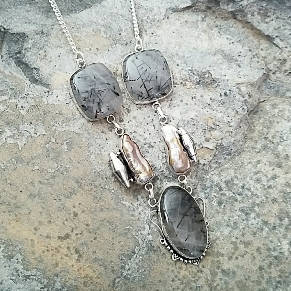 Rutilated quartz, pearl & Sterling silver Necklace