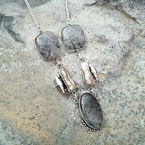 Rutilated quartz, pearl & Sterling silver Necklace