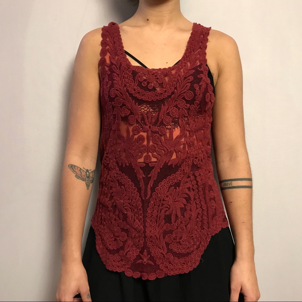 Painted threads wine color lace Top