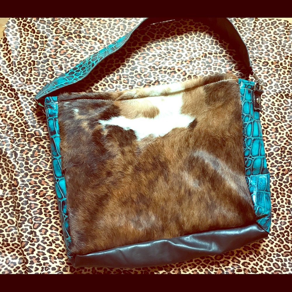 Cowhide/turquoise gator purse