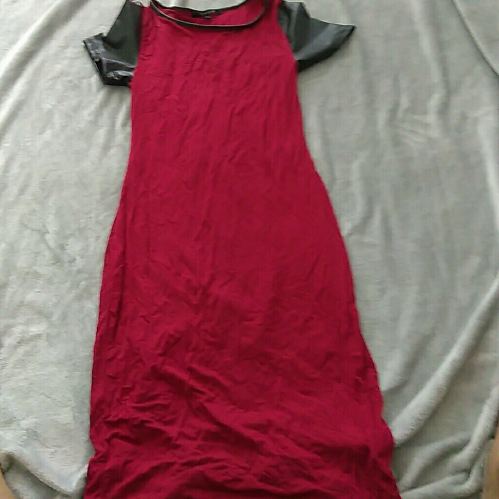Red above the knee tshirt dress with faux leather