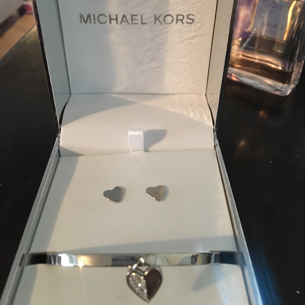 Michael Kors Silver Heart Bracelet and Earring set