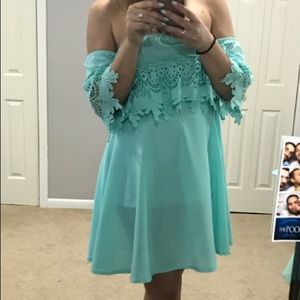 Blue Off the shoulder dress with lace detail