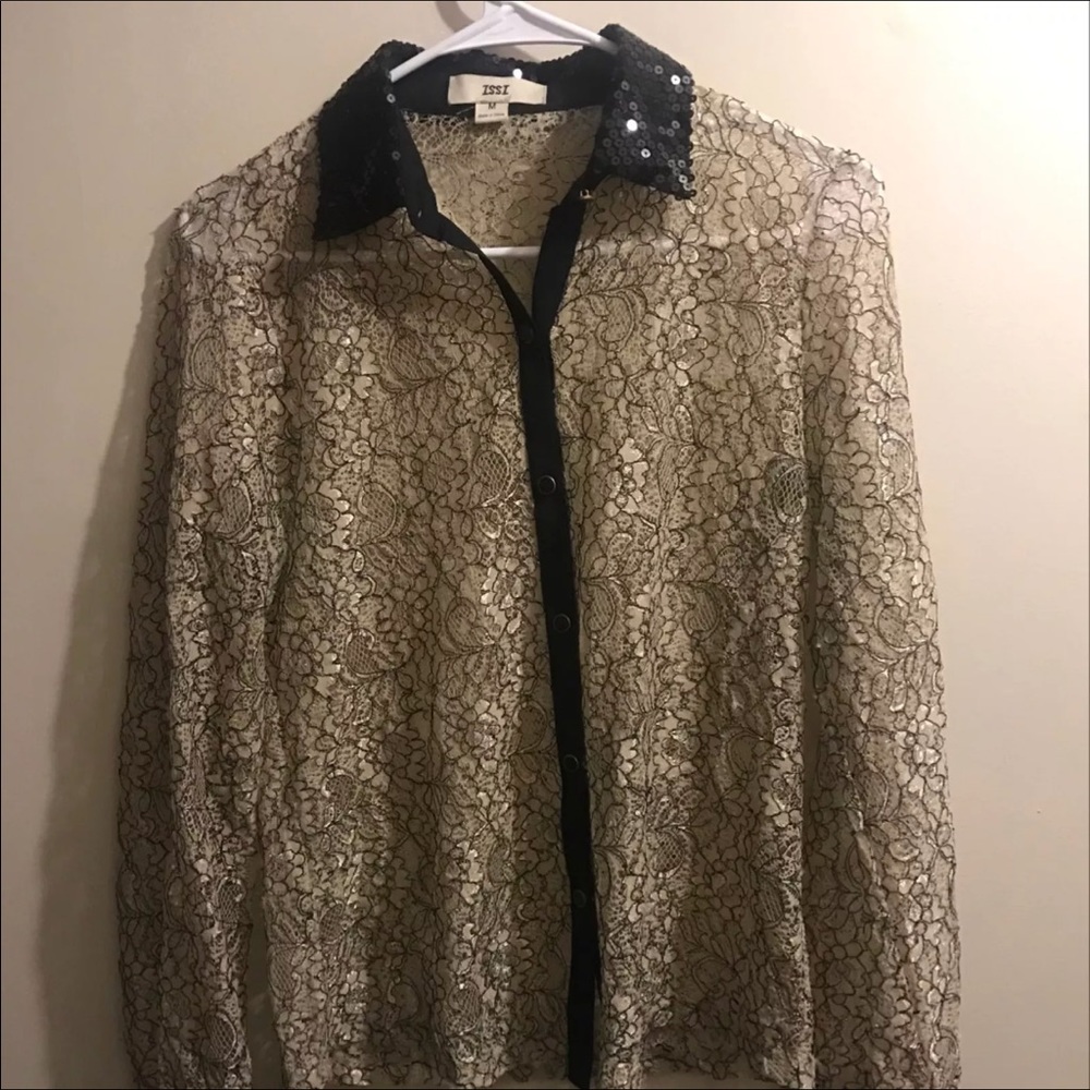 Lace button up with sequins collar and cuffs !