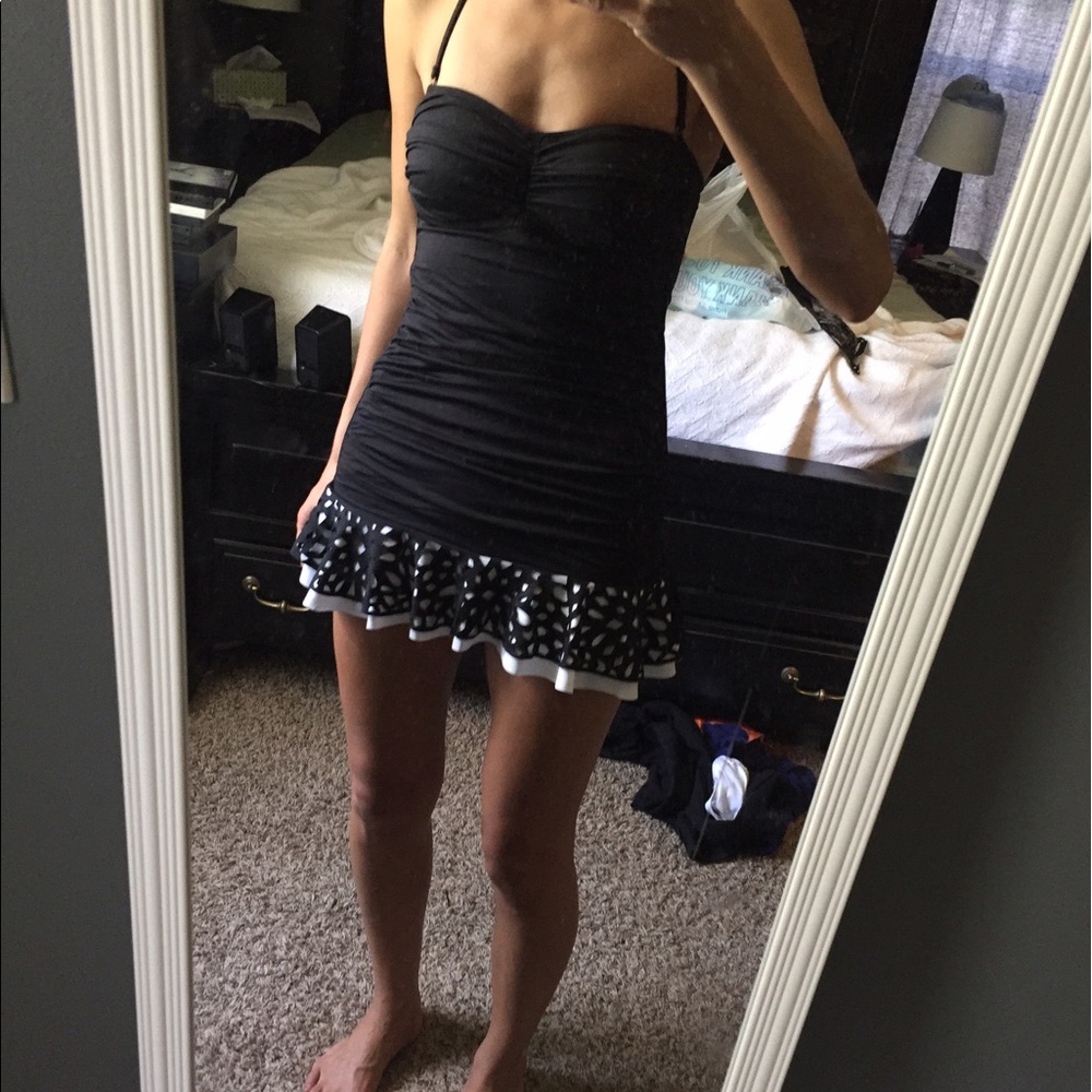 Black and white ruffled One piece swim dress.