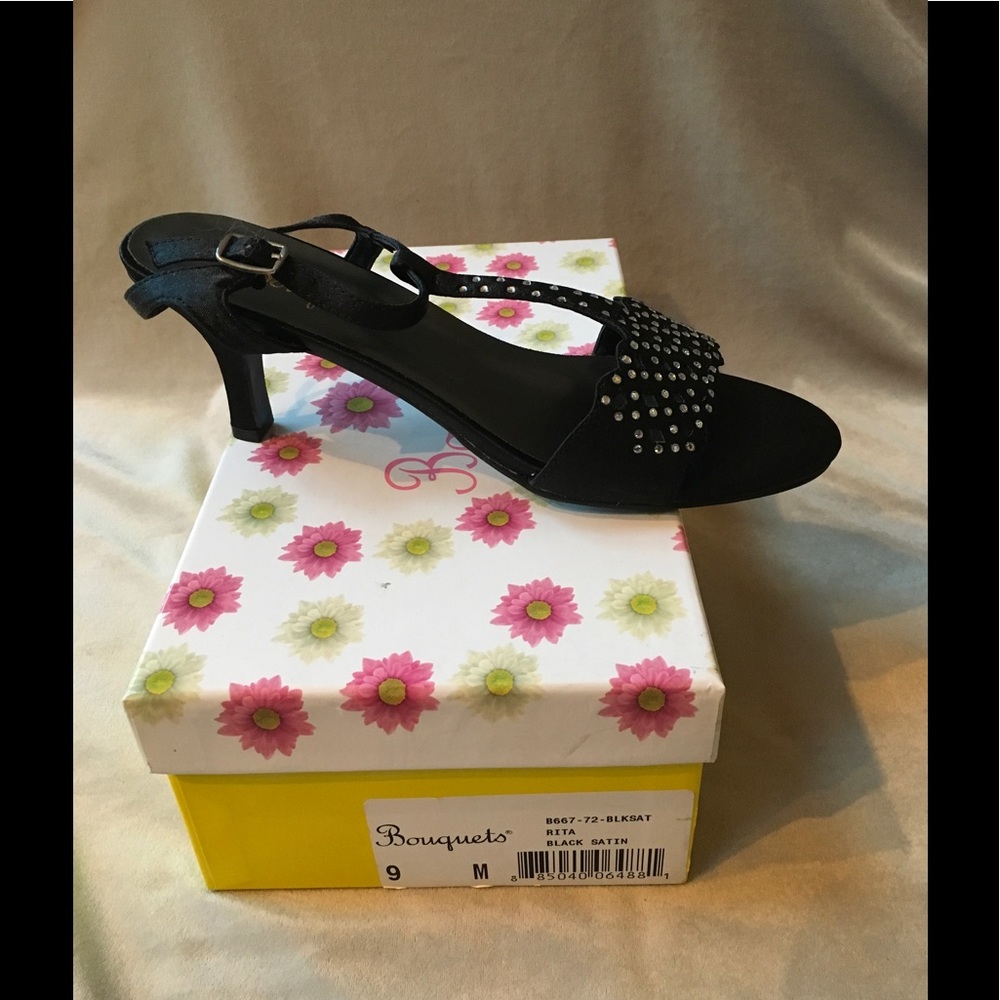 Bouquets Black Satin Heels