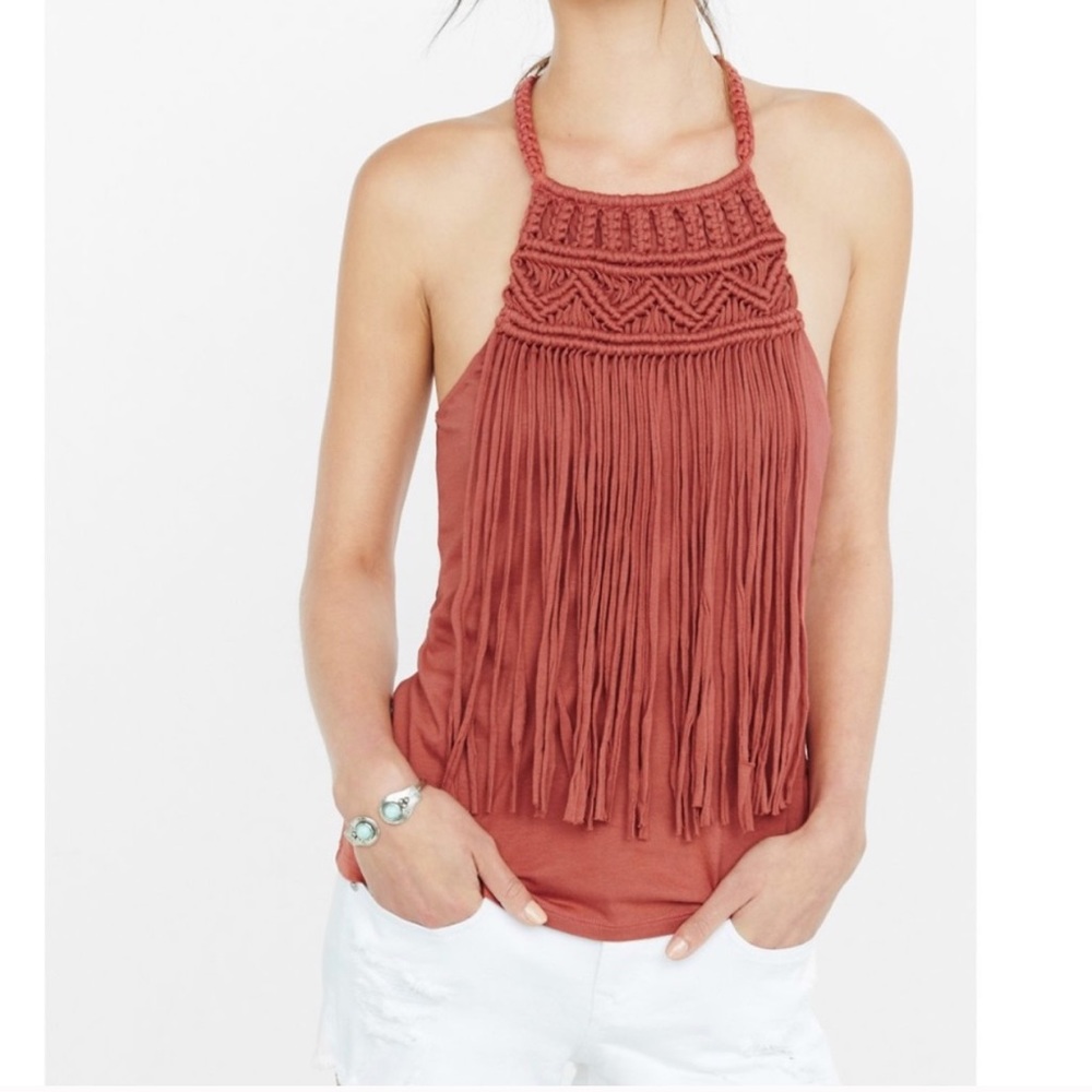 Express orange halter fringe top size large