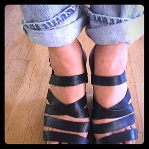 DKNY black leather wedges size 8