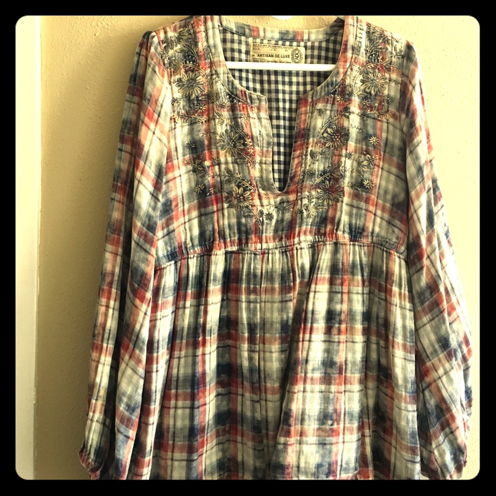 Plaid peasant style top