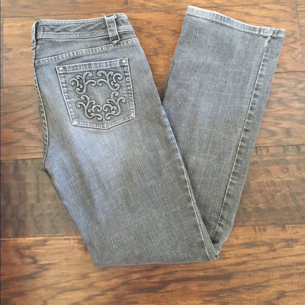 White House Black Market grey denim jeans.