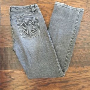 White House Black Market grey denim jeans.