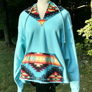 Adult large upcycled cozy turquoise hoodie