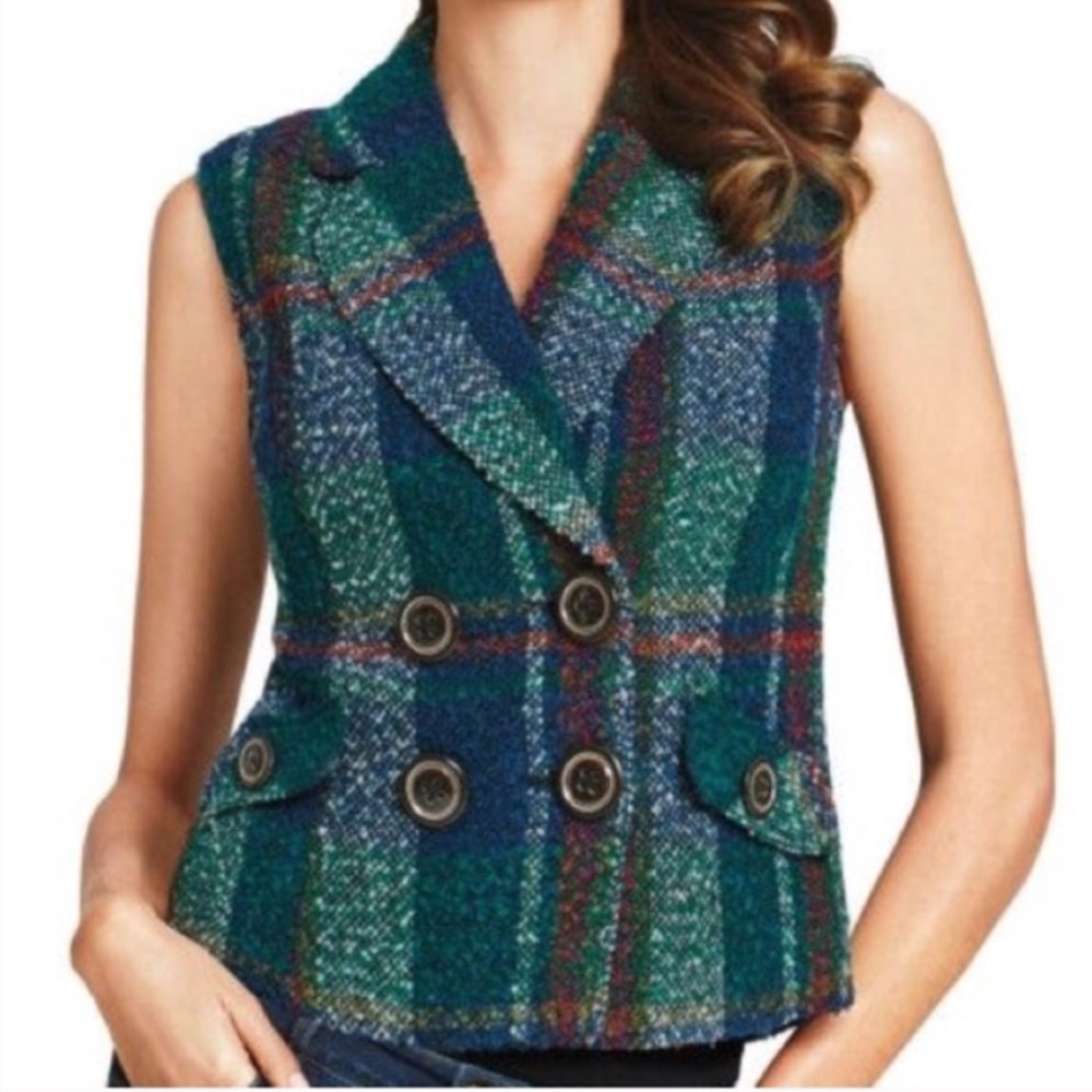 CAbi Plaid Navy & Green Vest Double Buttons