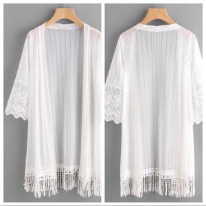 NWOT Embroidered Mesh Panel Fringe Hem Kimono