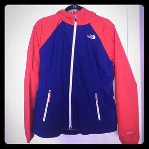 Orange-red/blue north face rain jacket