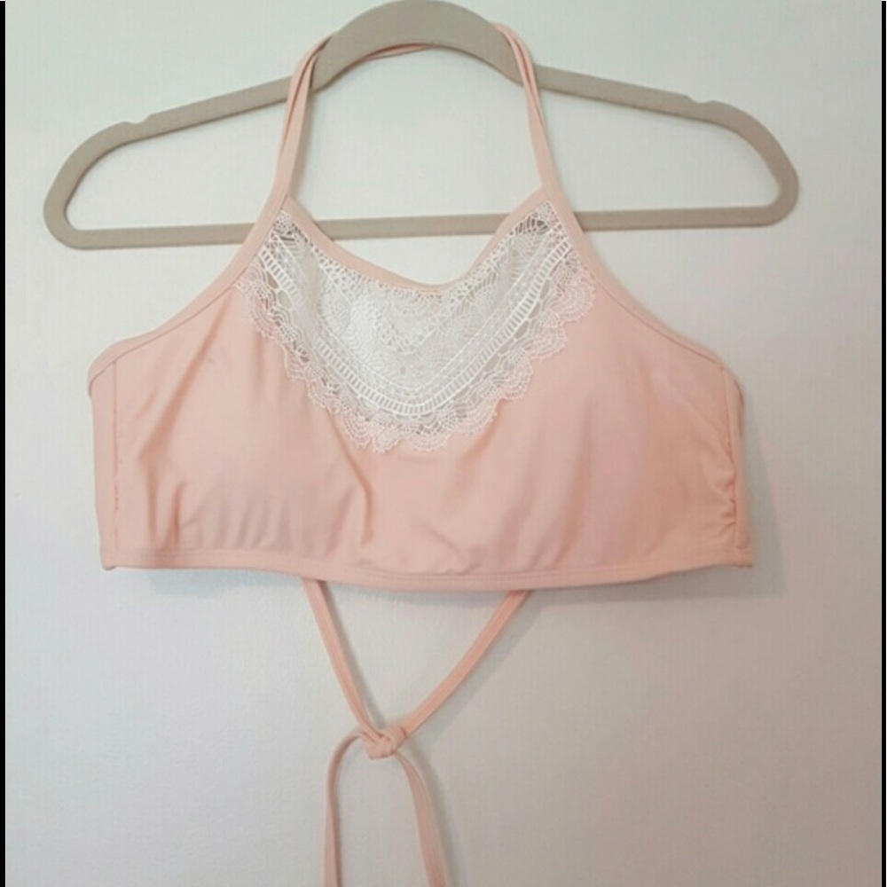 Lace high neck blush pink bikini top