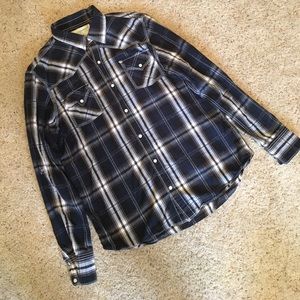 Black, grey, white plaid long sleeve button up