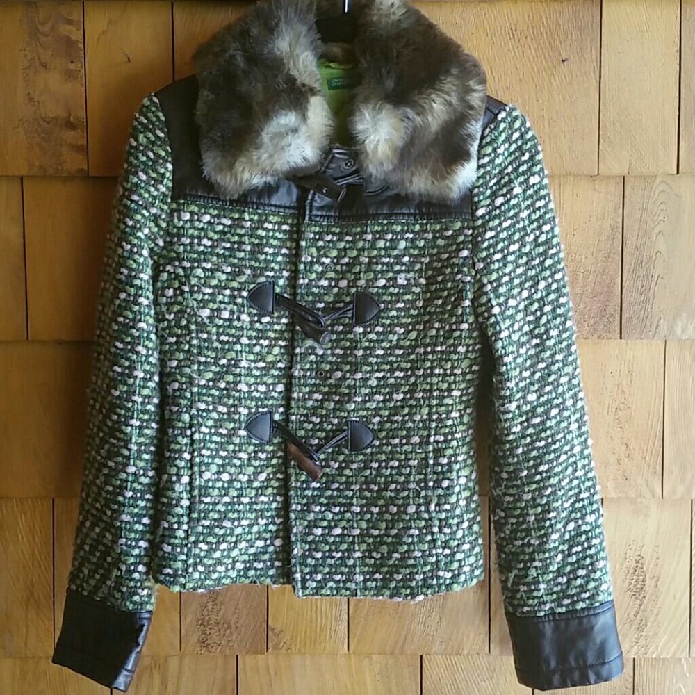 Tweed faux fur and leather jacket