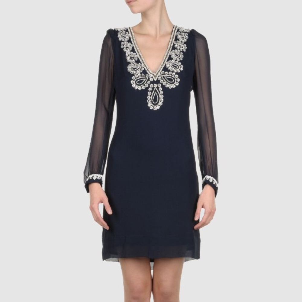 French Connection Bex beaded silk navy dress 2/4