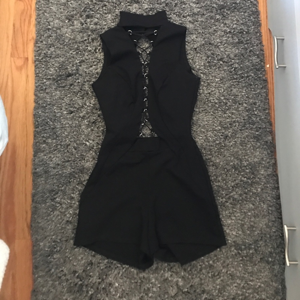 Black lace up low back romper
