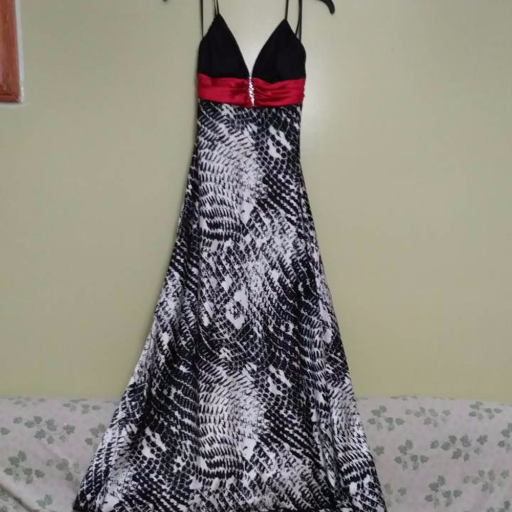 Black and white dress with red ribbon Prom