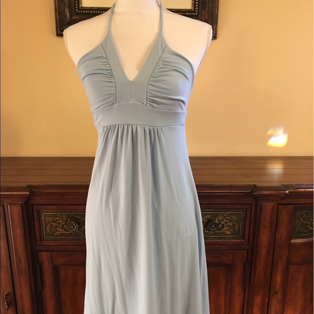 Baby blue halter dress. Very sexy!