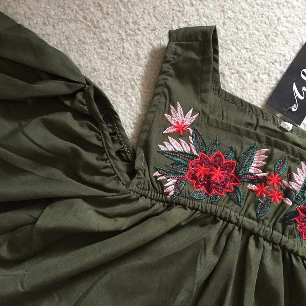 army green open shoulder top with embroidery