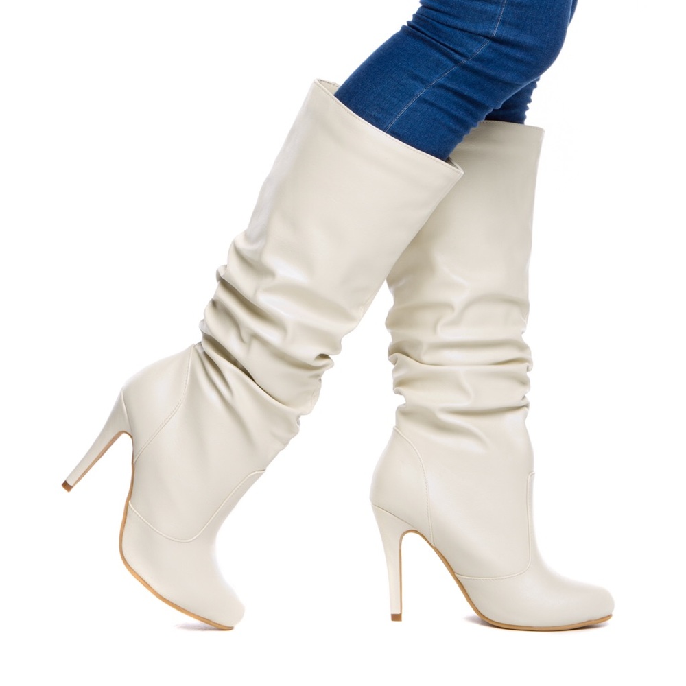 Cream Heeled Knee-High "Melrose" Boots