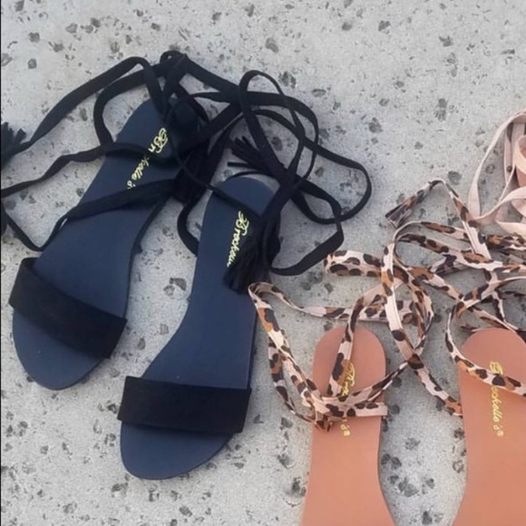 Black suede tassel lace up flat sandal - Picture 2 of 3