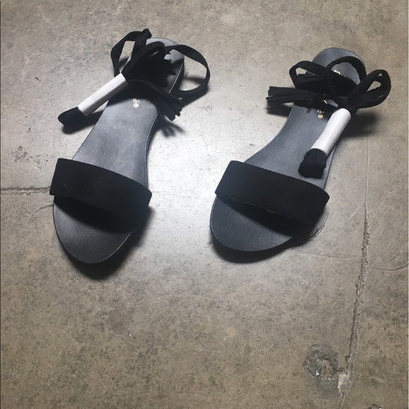 Black suede tassel lace up flat sandal - Picture 3 of 3