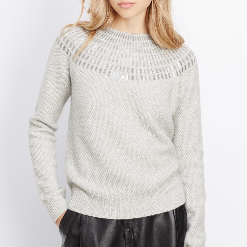 VINCE | Gray Sequin Textured Crew Neck Sweater