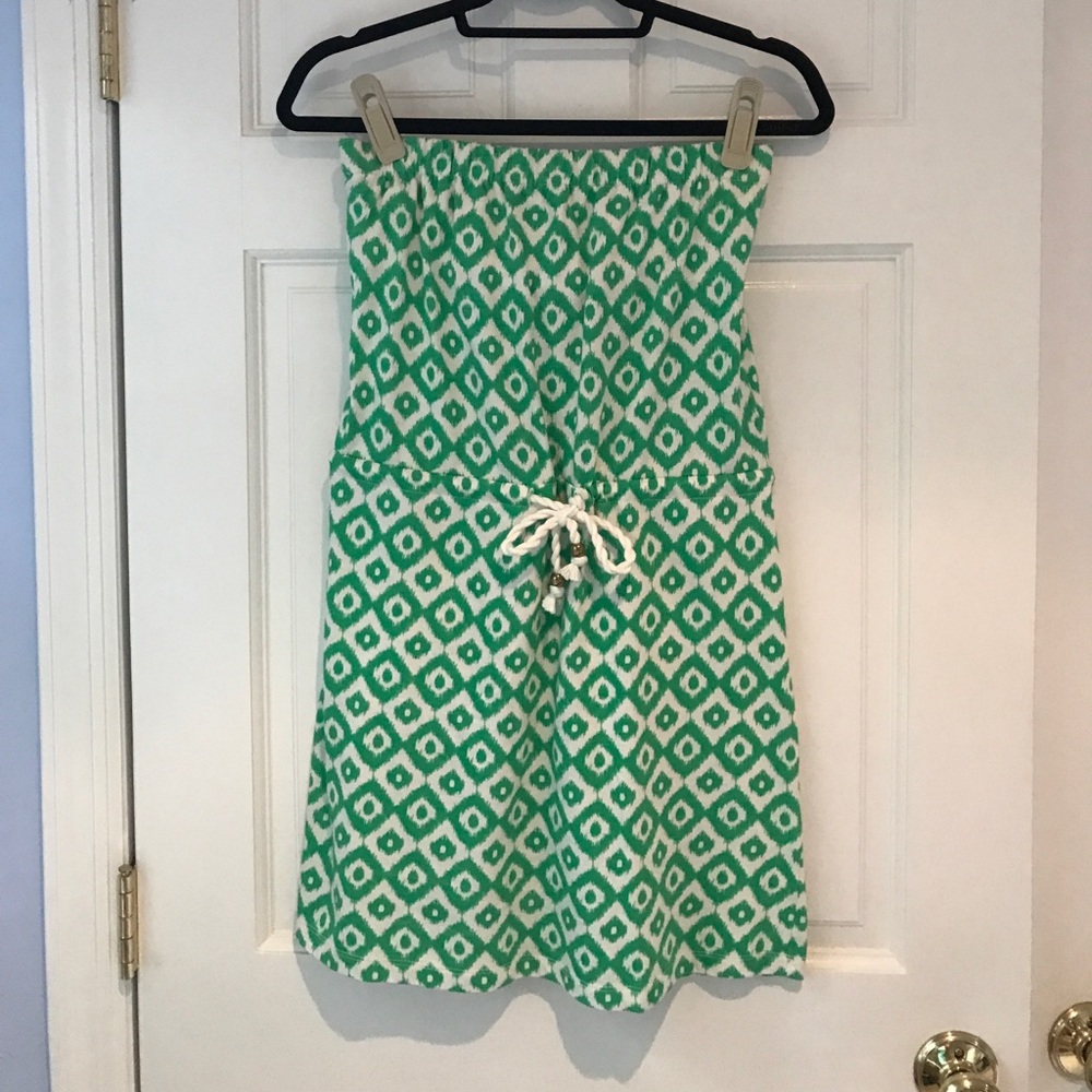 Gap strapless dress, green and white pattern