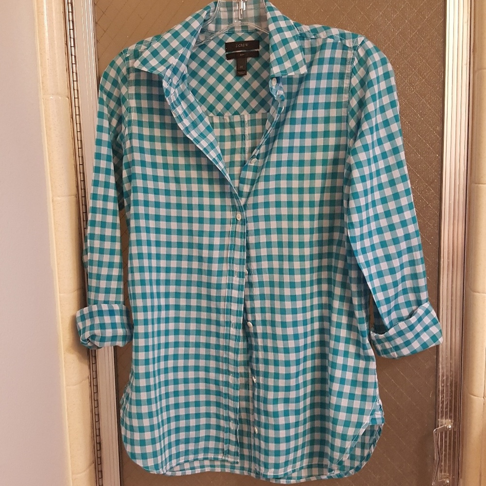 J Crew Gingham teal and white checkered shirt