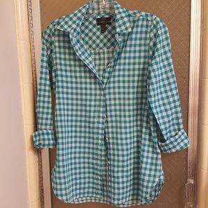 J Crew Gingham teal and white checkered shirt