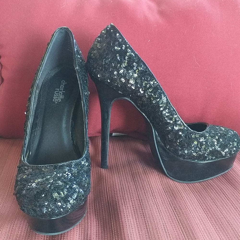 Charlotte Russe "Amanda" black sequin heels sz. 8