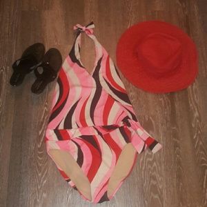 Red, pink, white and black bathing suit