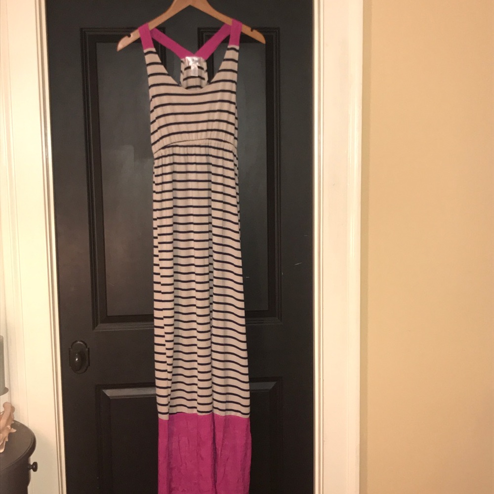 Maxi dress navy stripes and pink accents