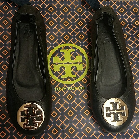 Tory Burch Shoes - PRICE ✂ TORY BURCH REVA BLACK WITH GOLD TB LOGO