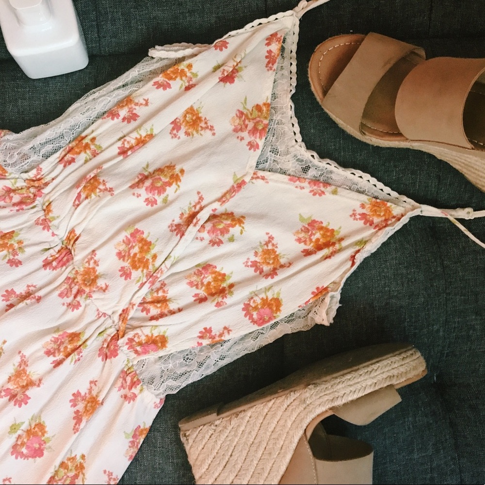 Floral wrap dress with lace inserts