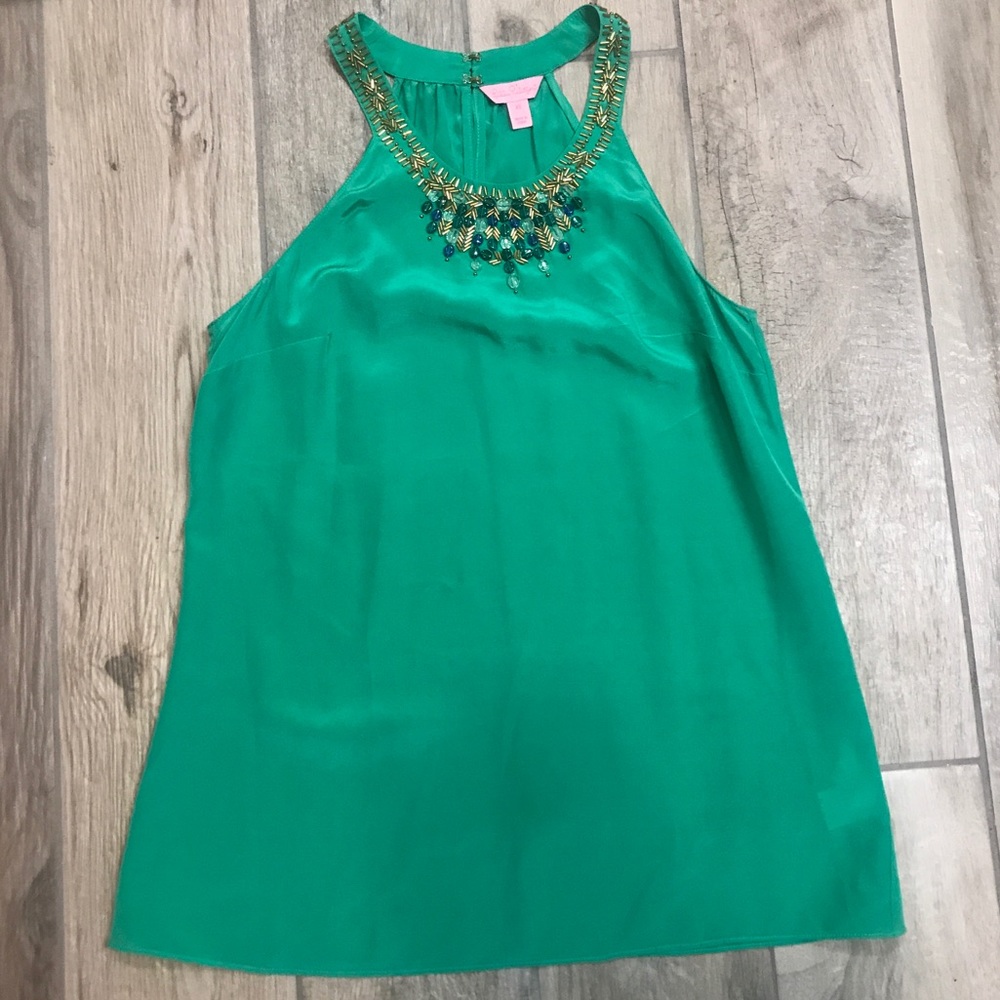 Lilly Pulitzer green silk top with embellishments
