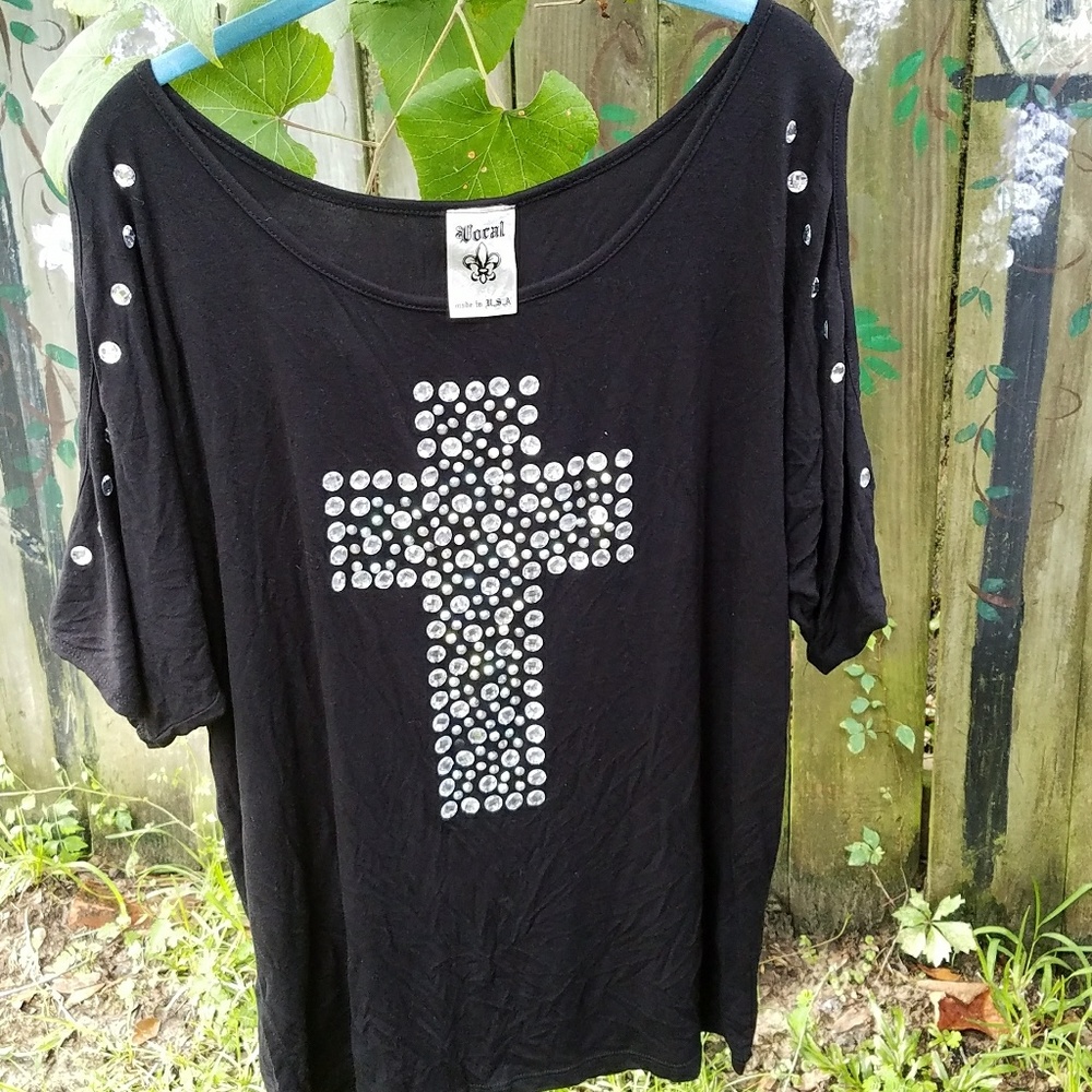 Vocal Crystal and Stone Cross Cold Shoulder Top