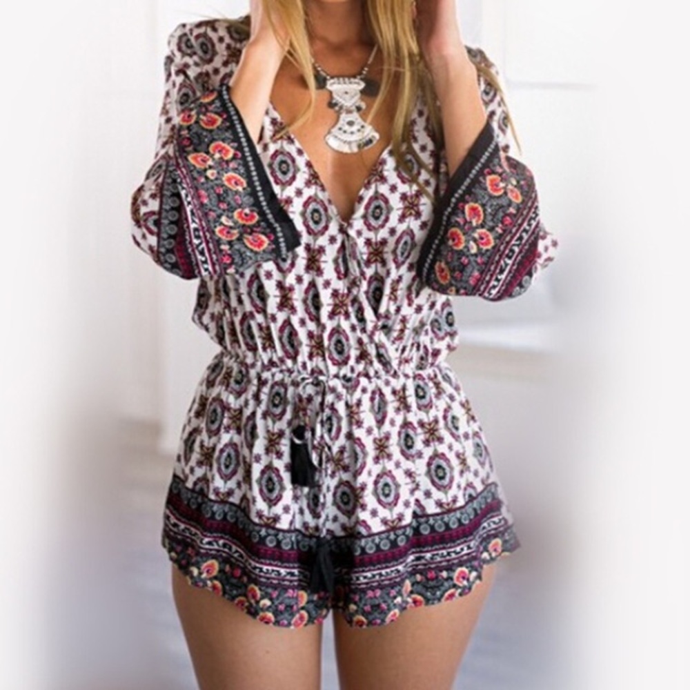 Boho Chic, Bell-Sleeved, Patterned Romper