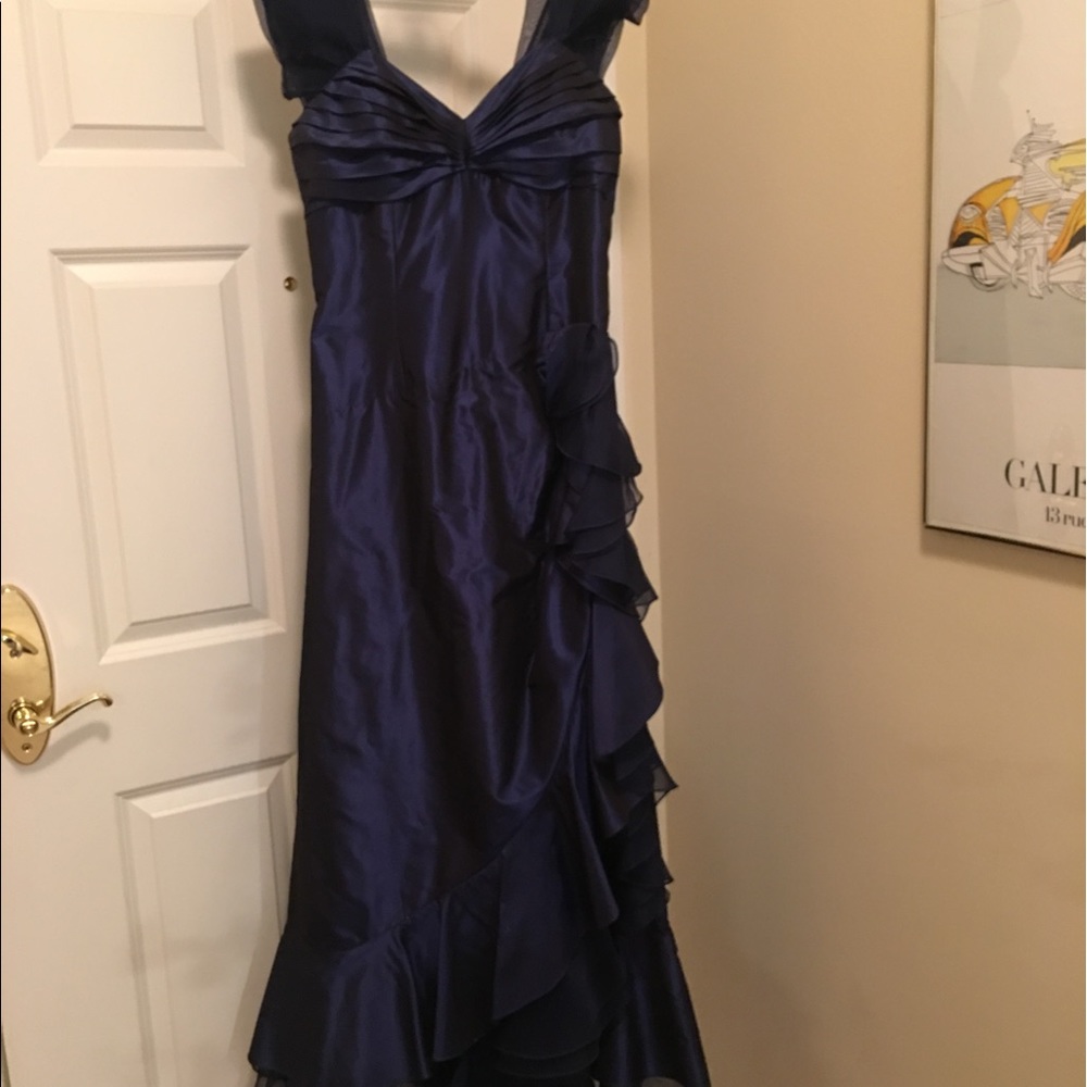 Custom made navy silk and chiffon evening gown