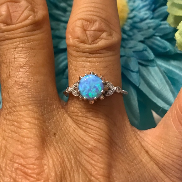 Sterling Silver Light Blue Lab Opal with CZ Ring, Wedding Ring, Silver Rings - Picture 2 of 6