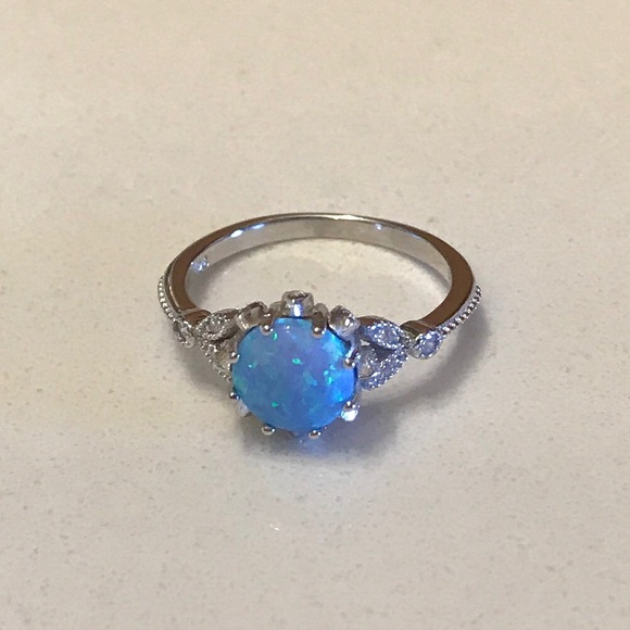 Sterling Silver Light Blue Lab Opal with CZ Ring, Wedding Ring, Silver Rings - Picture 3 of 6