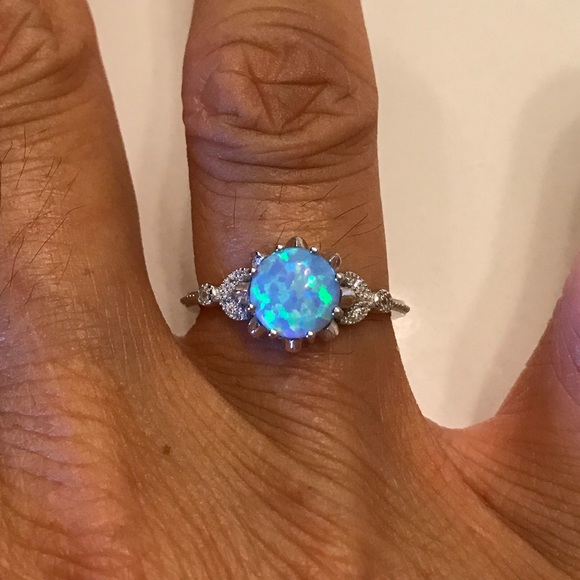 Sterling Silver Light Blue Lab Opal with CZ Ring, Wedding Ring, Silver Rings - Picture 4 of 6