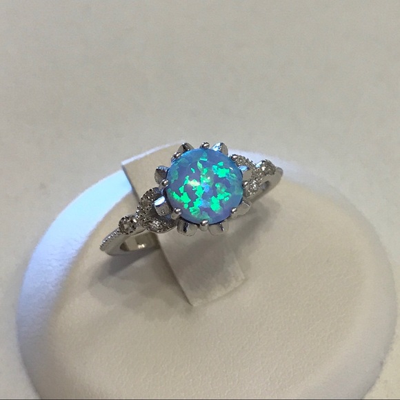 Sterling Silver Light Blue Lab Opal with CZ Ring, Wedding Ring, Silver Rings - Picture 5 of 6