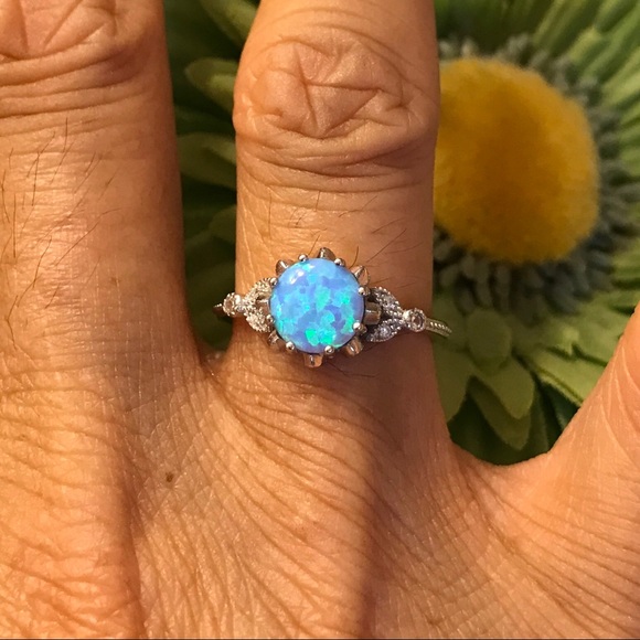 Sterling Silver Light Blue Lab Opal with CZ Ring, Wedding Ring, Silver Rings - Picture 6 of 6