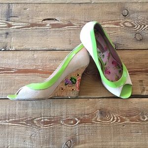 Betsey Johnson Peep Toe Charley Wedges in Tan/Lime